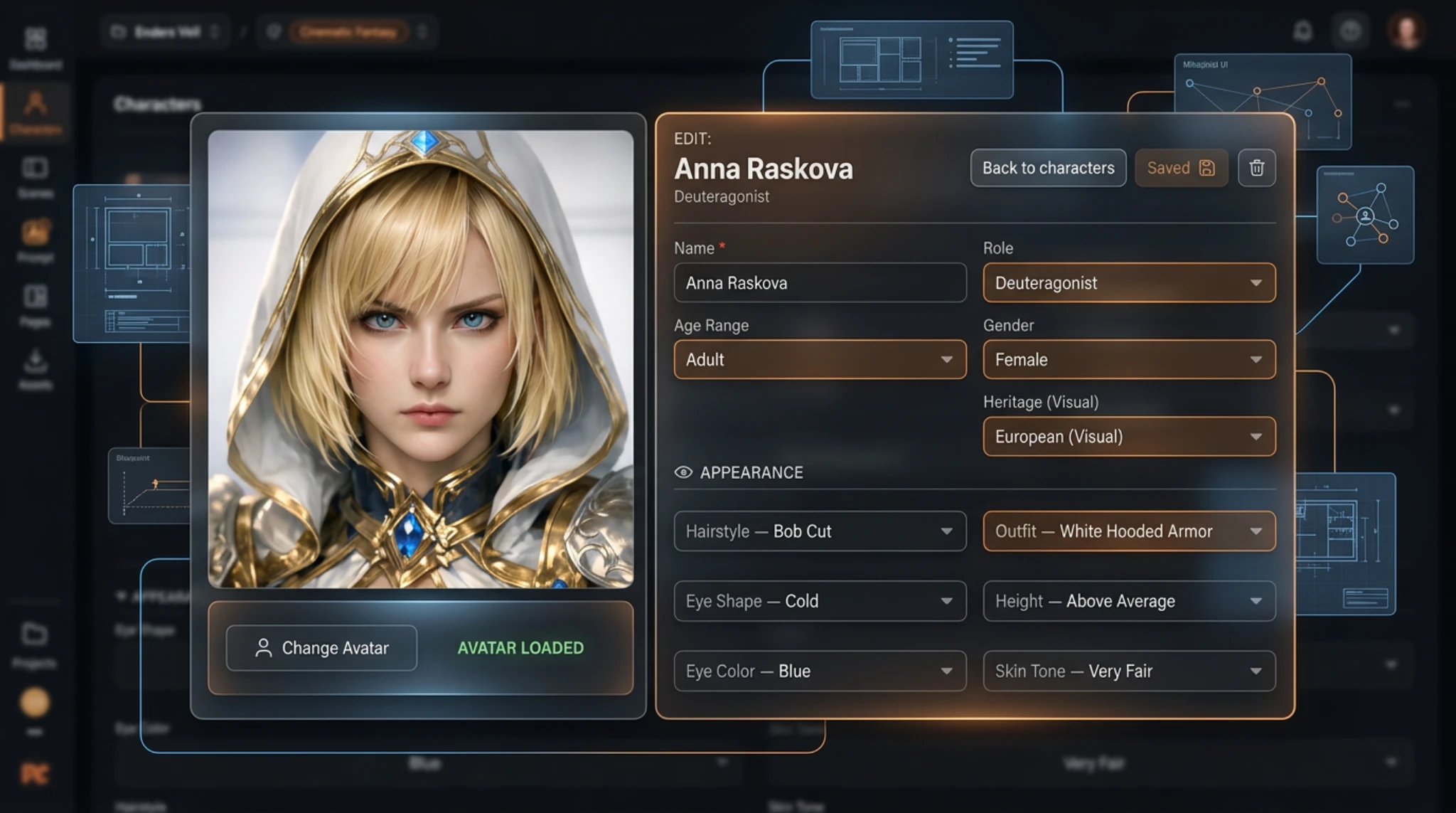 Prompt Comics character editor showing structured presets for character appearance and identity