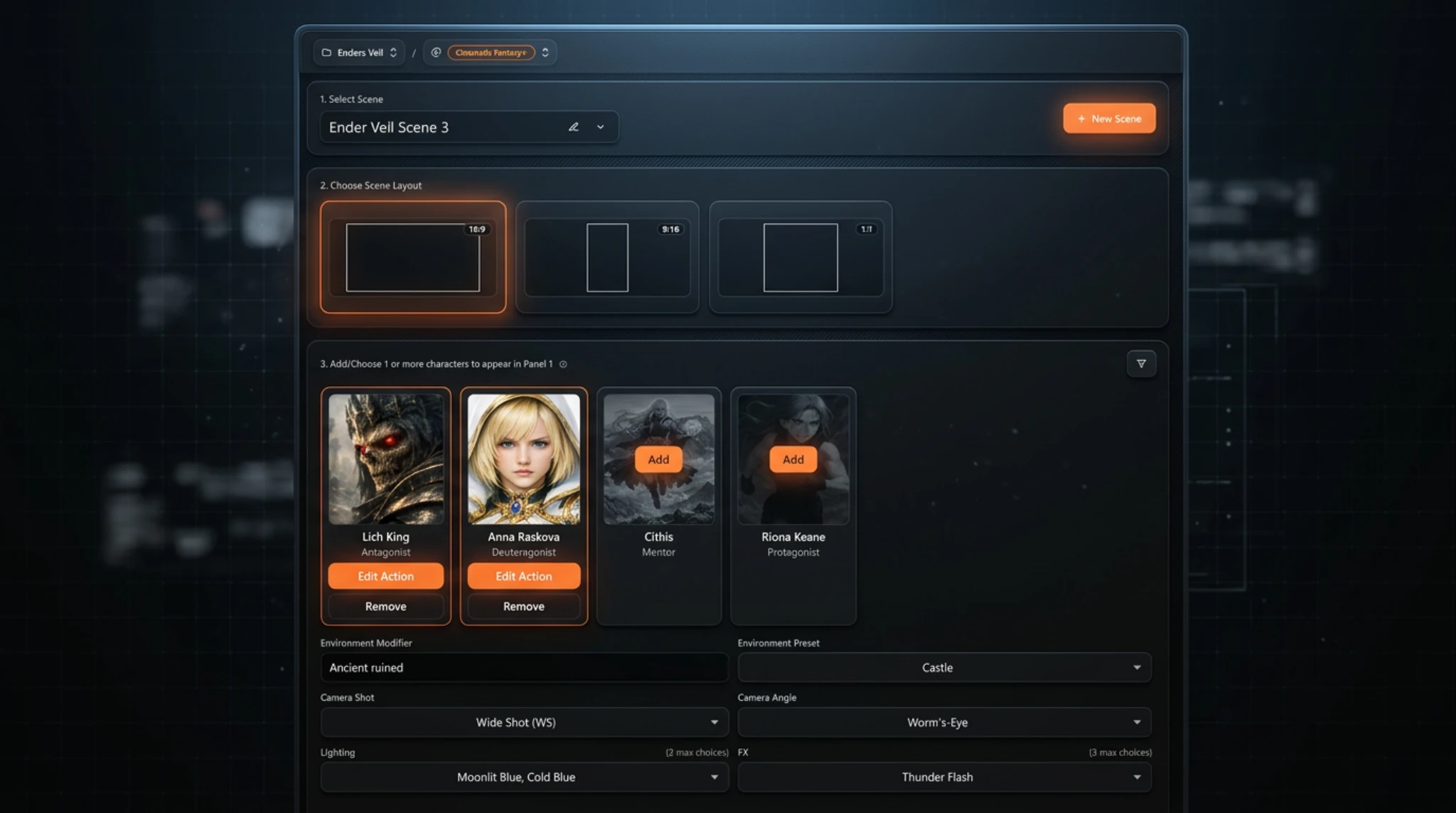 Prompt Comics Scene Builder interface showing layout selection, character actions, and cinematic scene controls